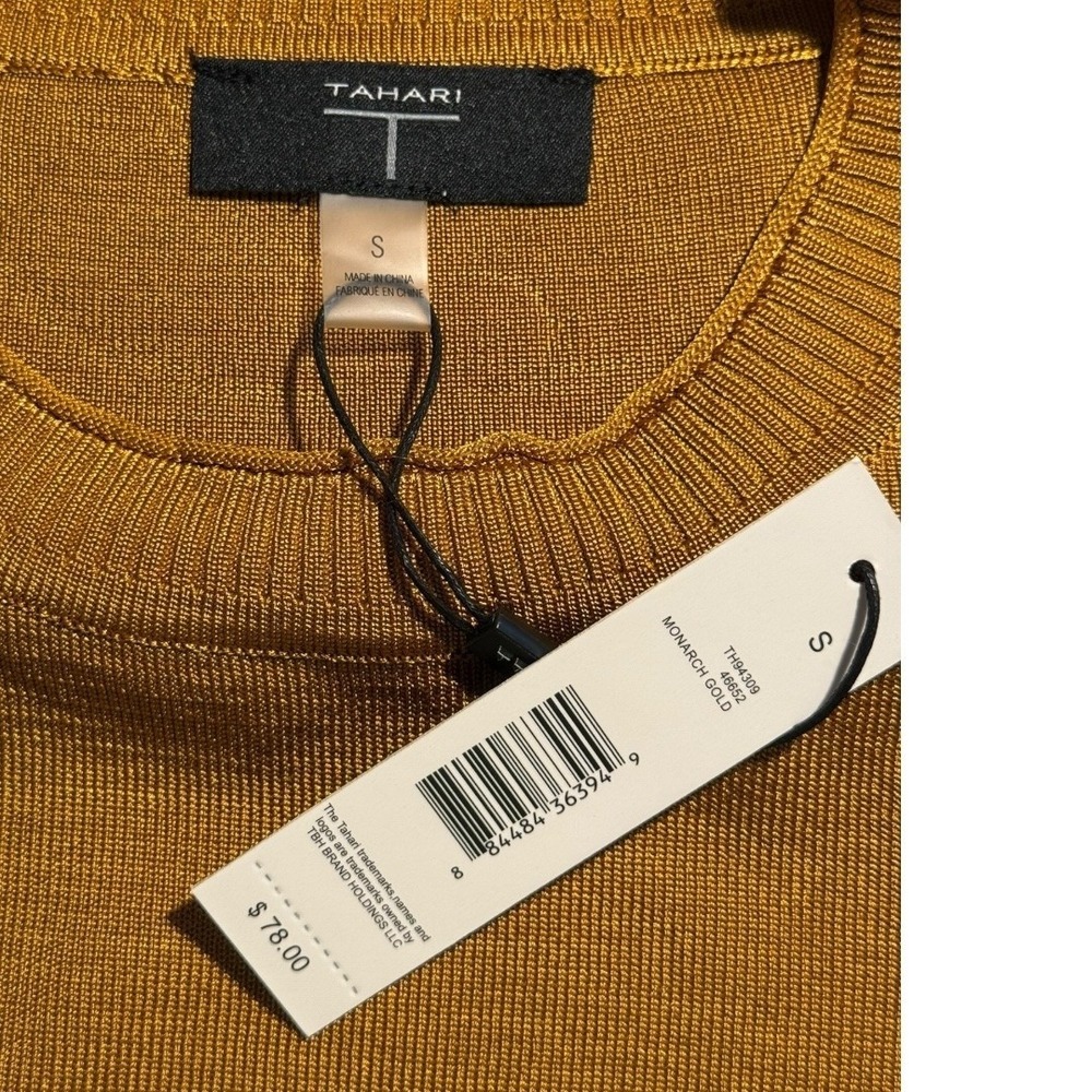 Tahari Sweater Knit‎ Pullover Long Sleeve Gold Monarch Ribbed Crewneck Top Small - Picture 5 of 8